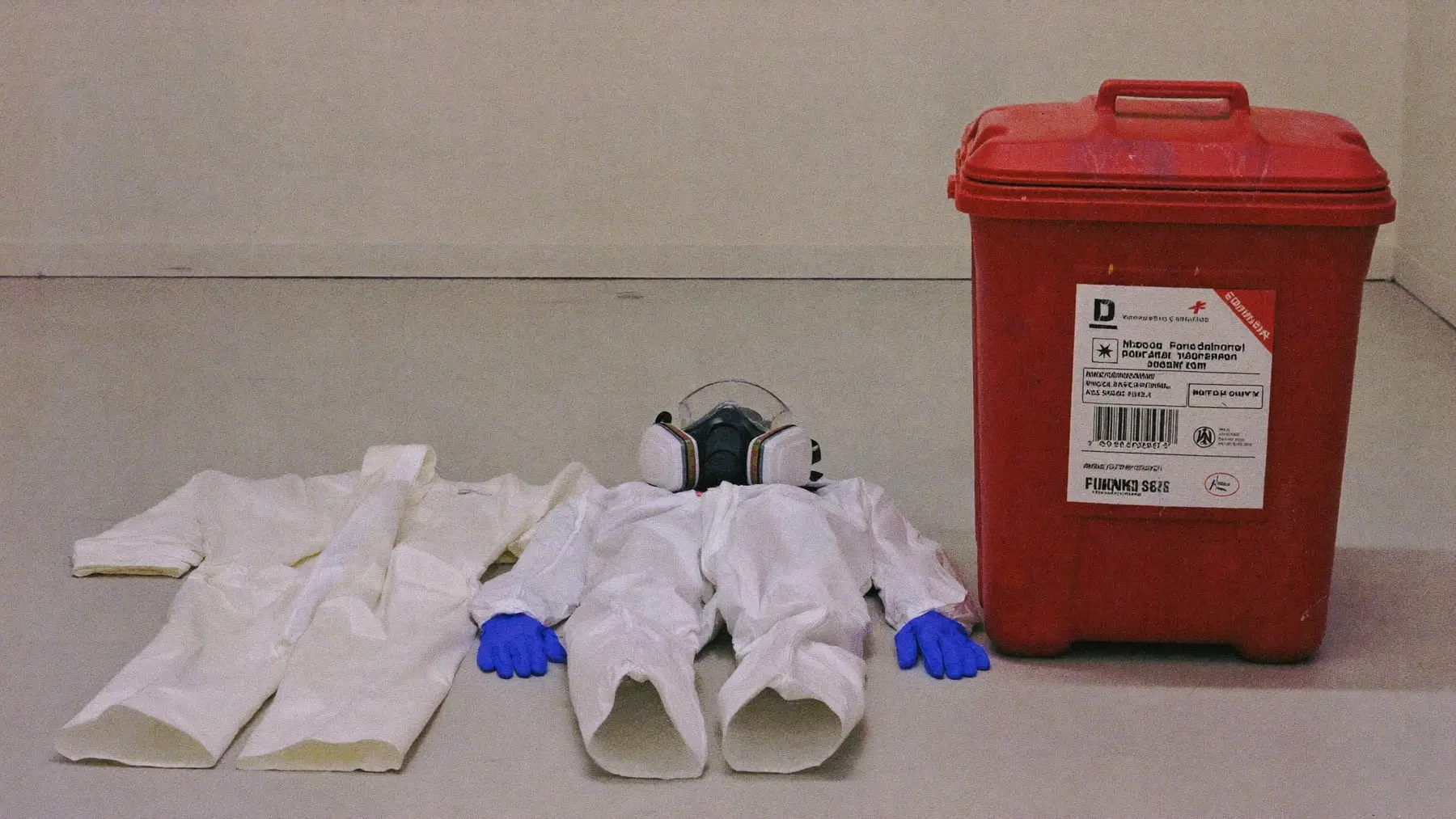 Sealed protective suits, respirators and a red regulated medical waste container laid out before work begins