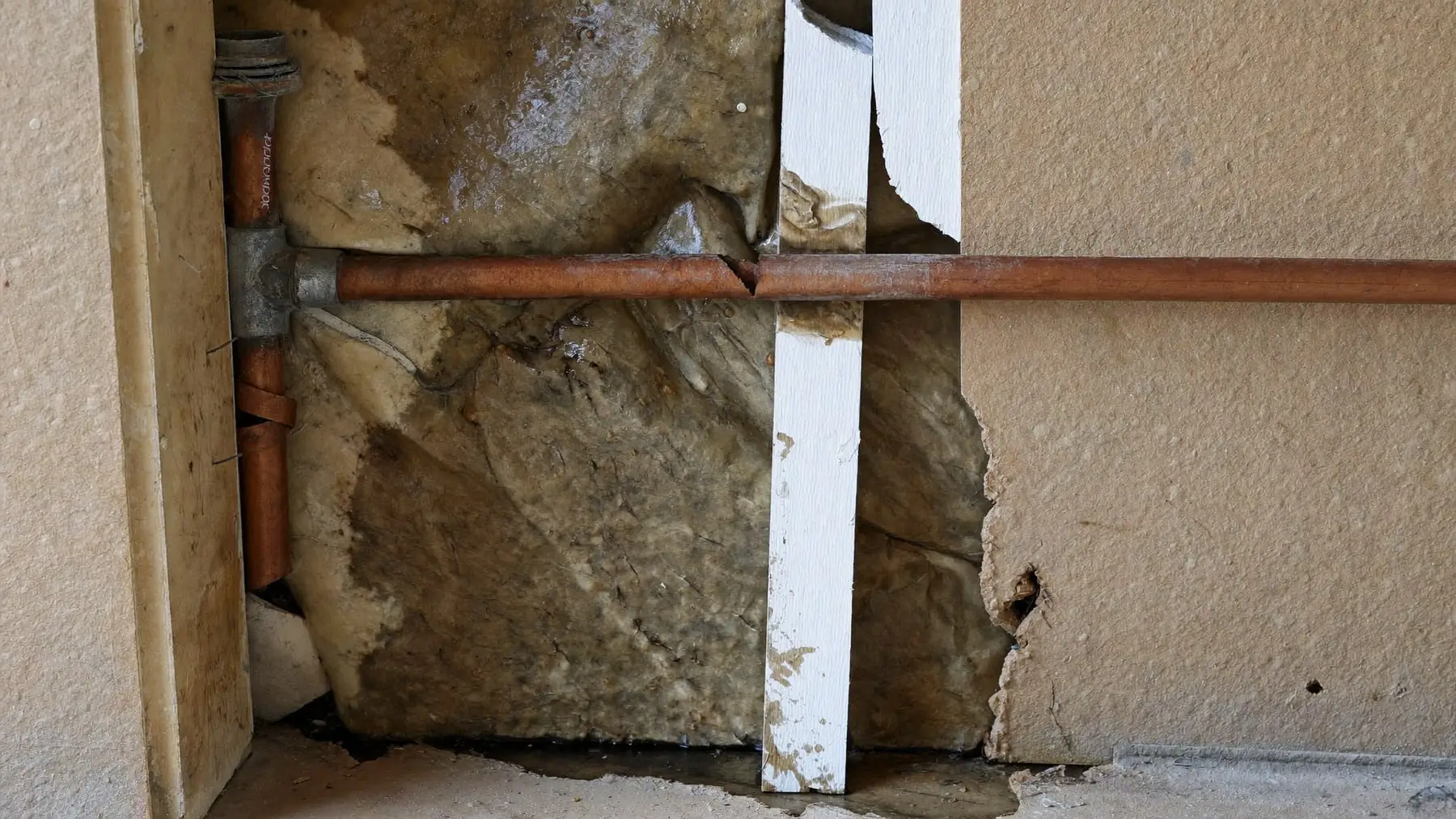 A split copper supply pipe inside an opened wall cavity