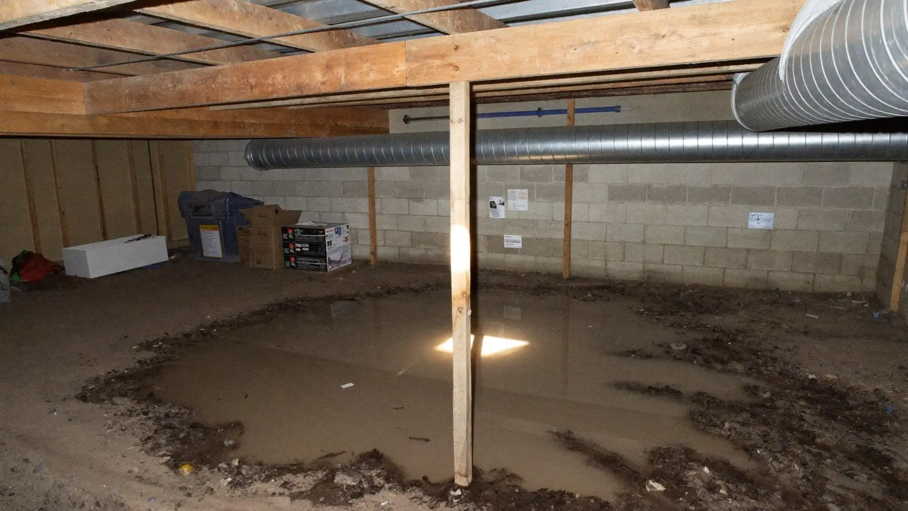 A low crawl space under a house with bare earth, timber floor joists overhead and standing water across the ground