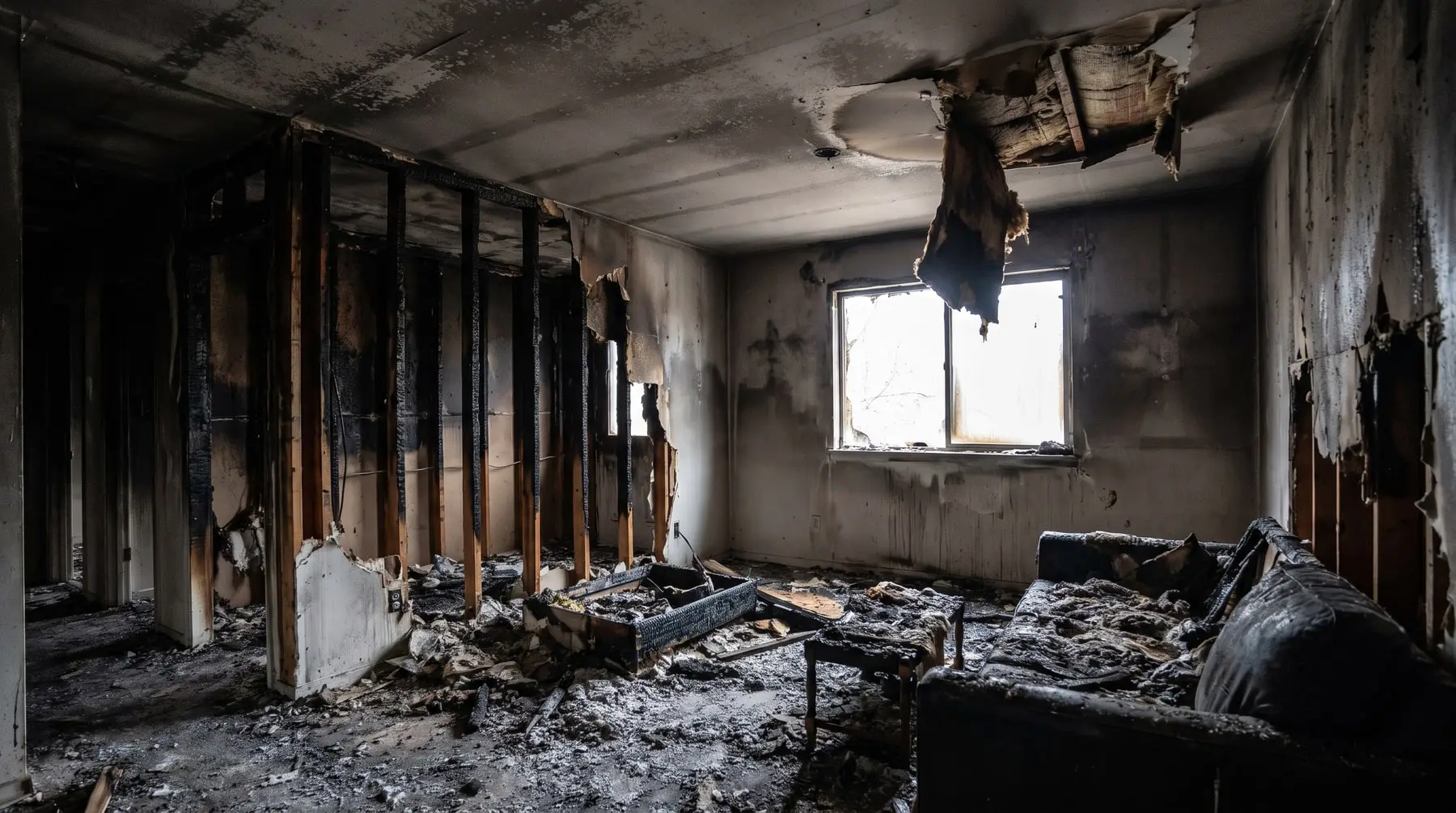A fire-damaged room with charred framing and heavy soot staining on the walls