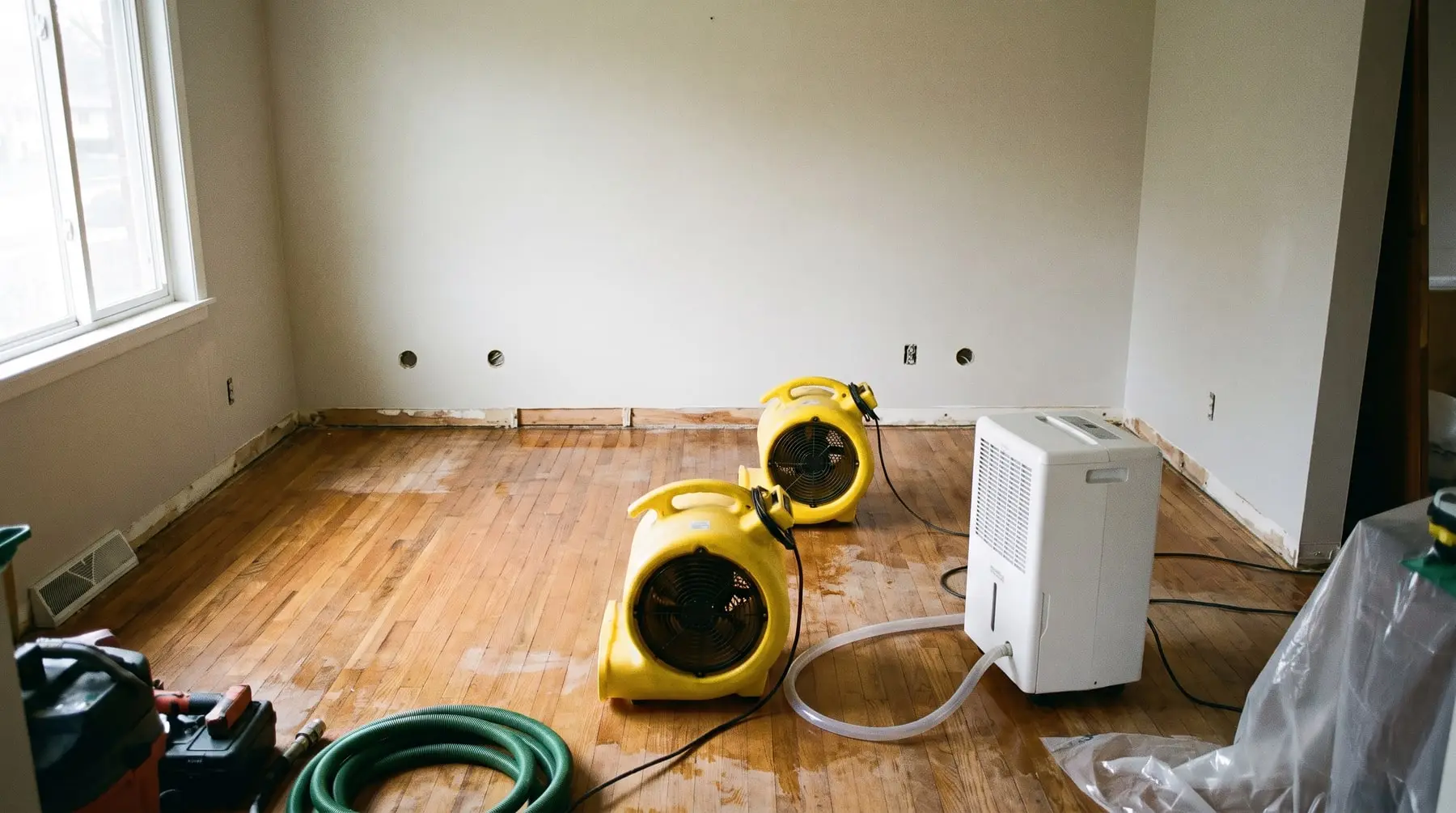 Commercial air movers and a dehumidifier running in a water-damaged room with the baseboards removed