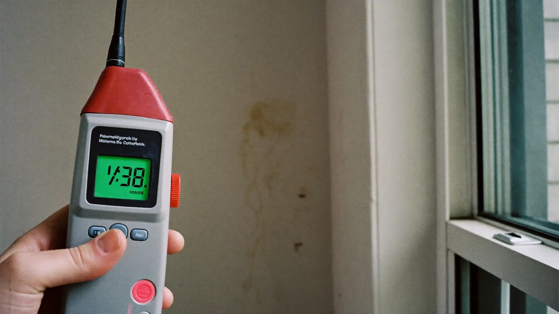 A moisture meter being held against a wall to check for hidden damp