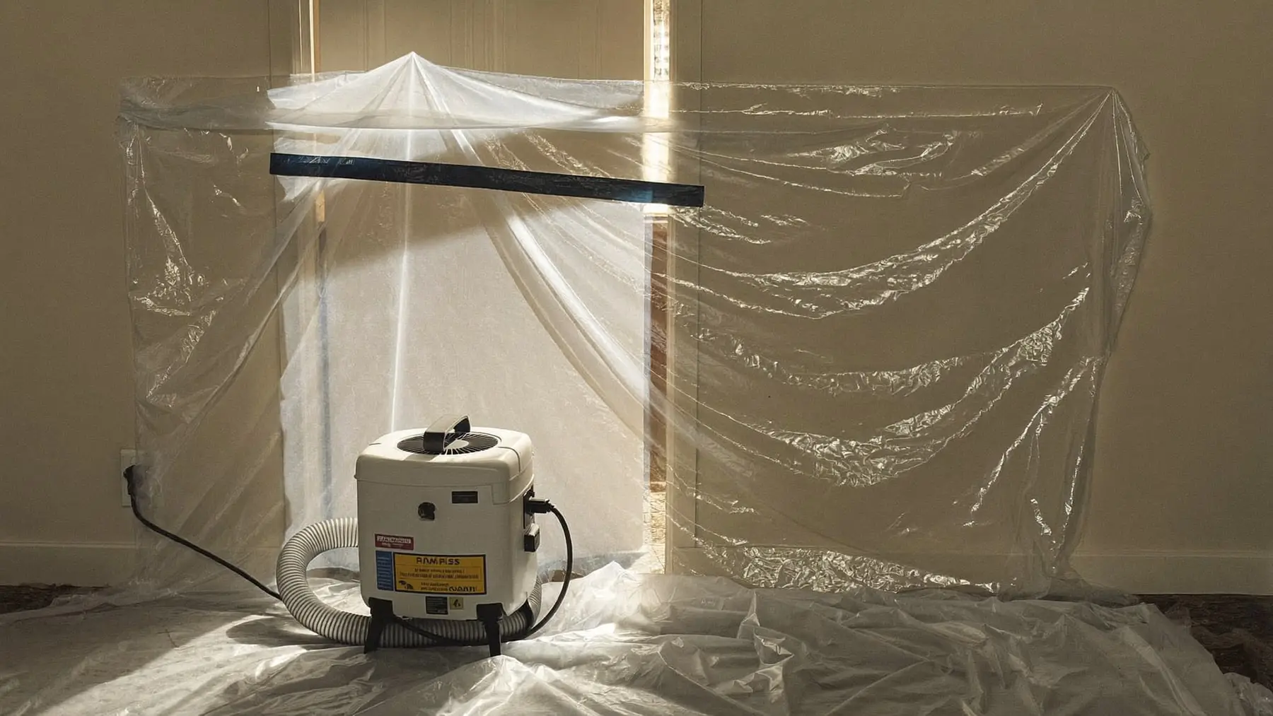 A sealed containment barrier with an air scrubber running outside a work area